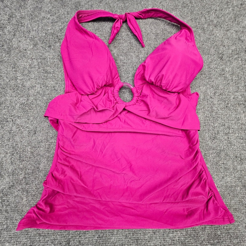 Carmen Marc Valvo Womens Tankini Top Halter Ring Ruched Swimwear Azalea Pink L
